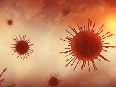 Biology and science. Virus or bacteria cells. Global alert. Epidemic. 3D render illustration. World map.